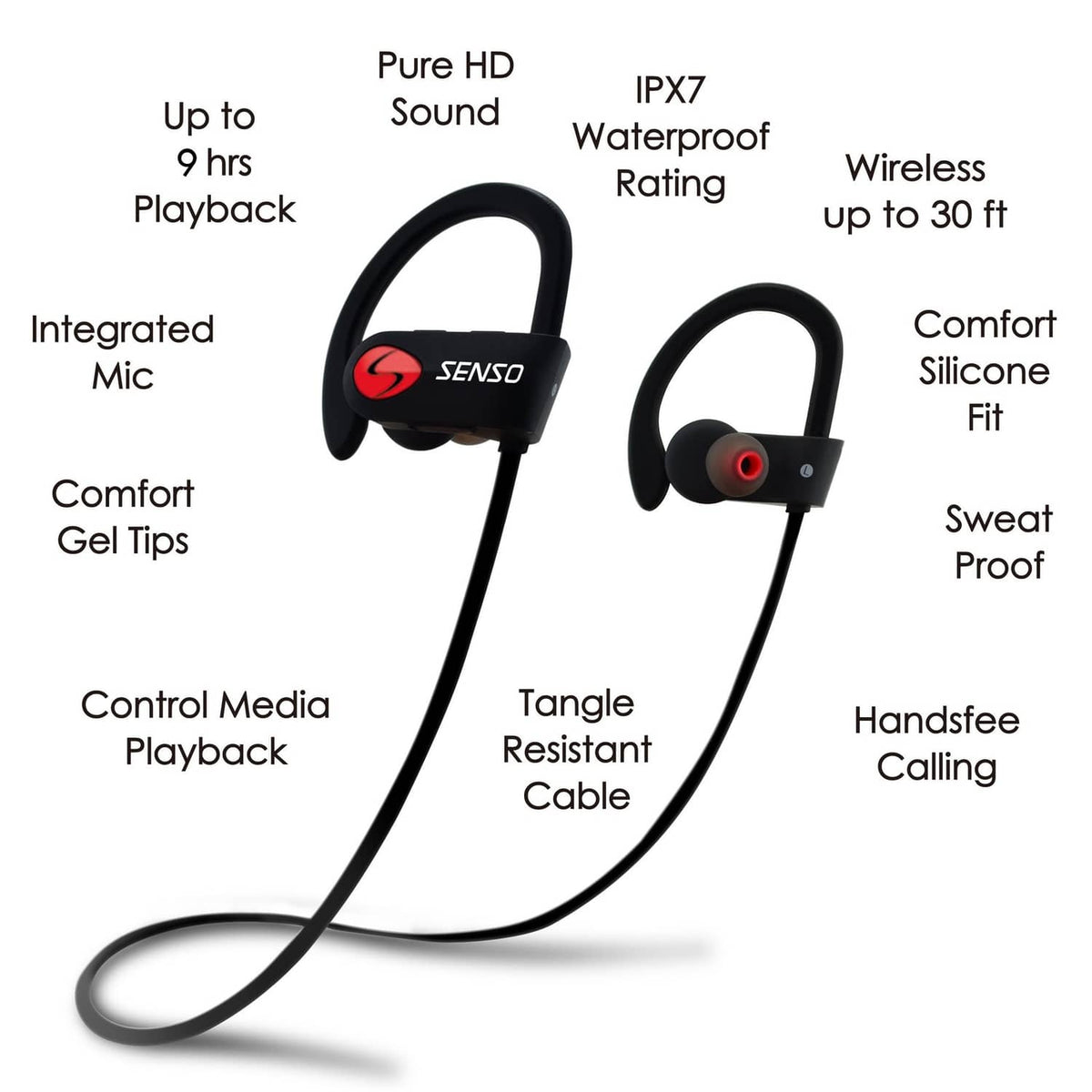 Black Bluetooth sports earbuds with mic, tangle-resistant cable and control buttons