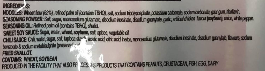 Instant noodles ingredients list text on package label, noodles and seasoning powder