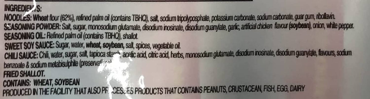 Instant noodles ingredients list text on package label, noodles and seasoning powder