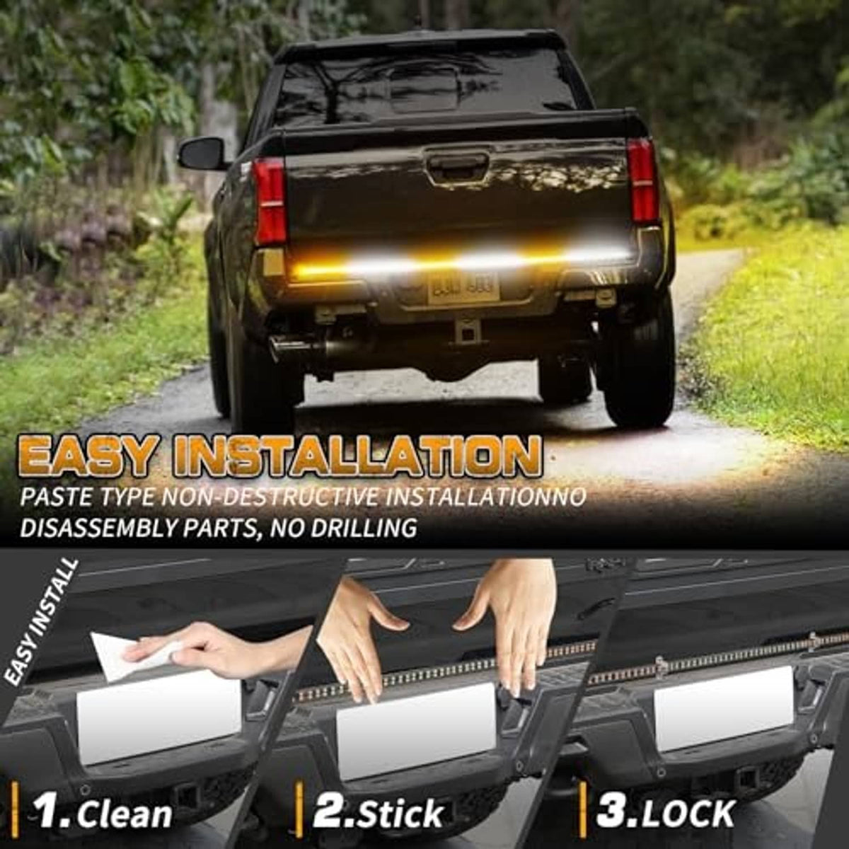 Truck tailgate strobe light bar flashing amber and white on the rear bumper area