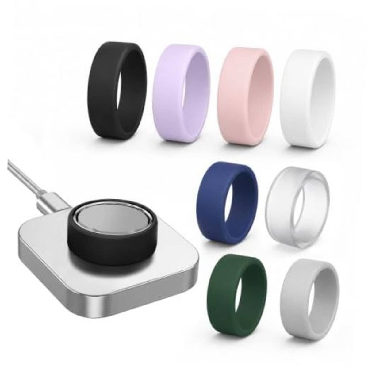 Ultra-thin silicone ring covers set with black, lavender, blush pink, and white bands.