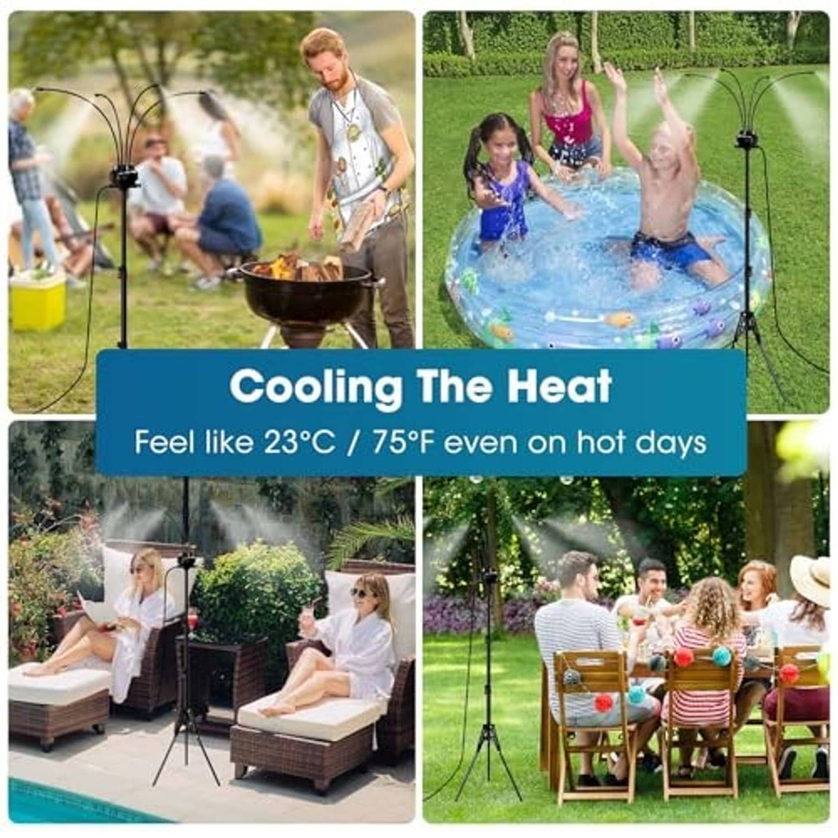 Outdoor misting system tripod cooling water mist for people and patio seating