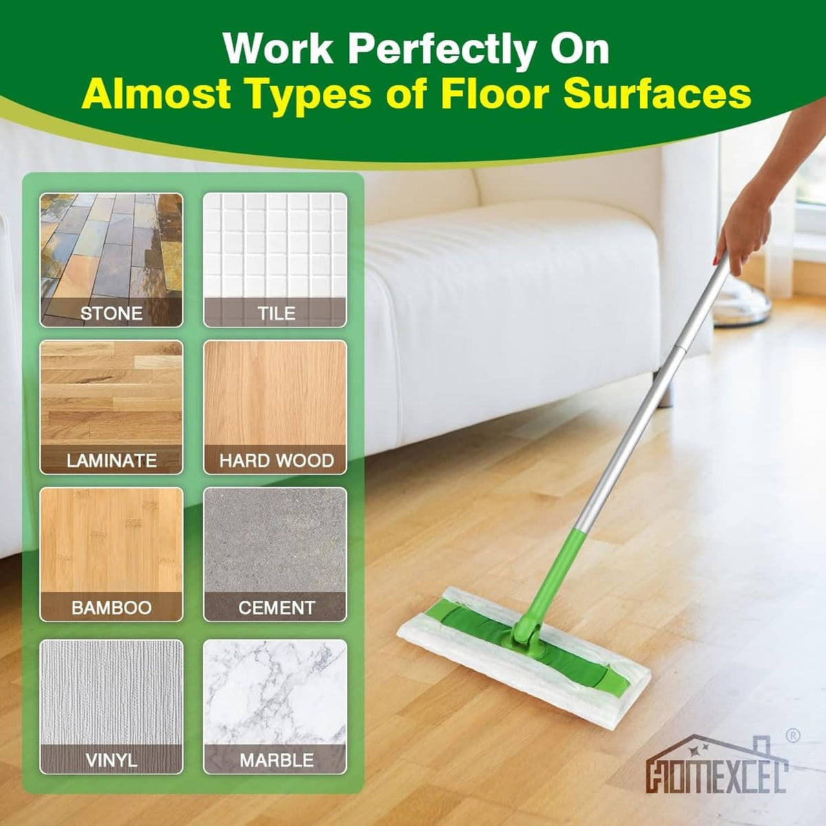 Dry sweeping cloth pad on green flat mop for floor cleaning