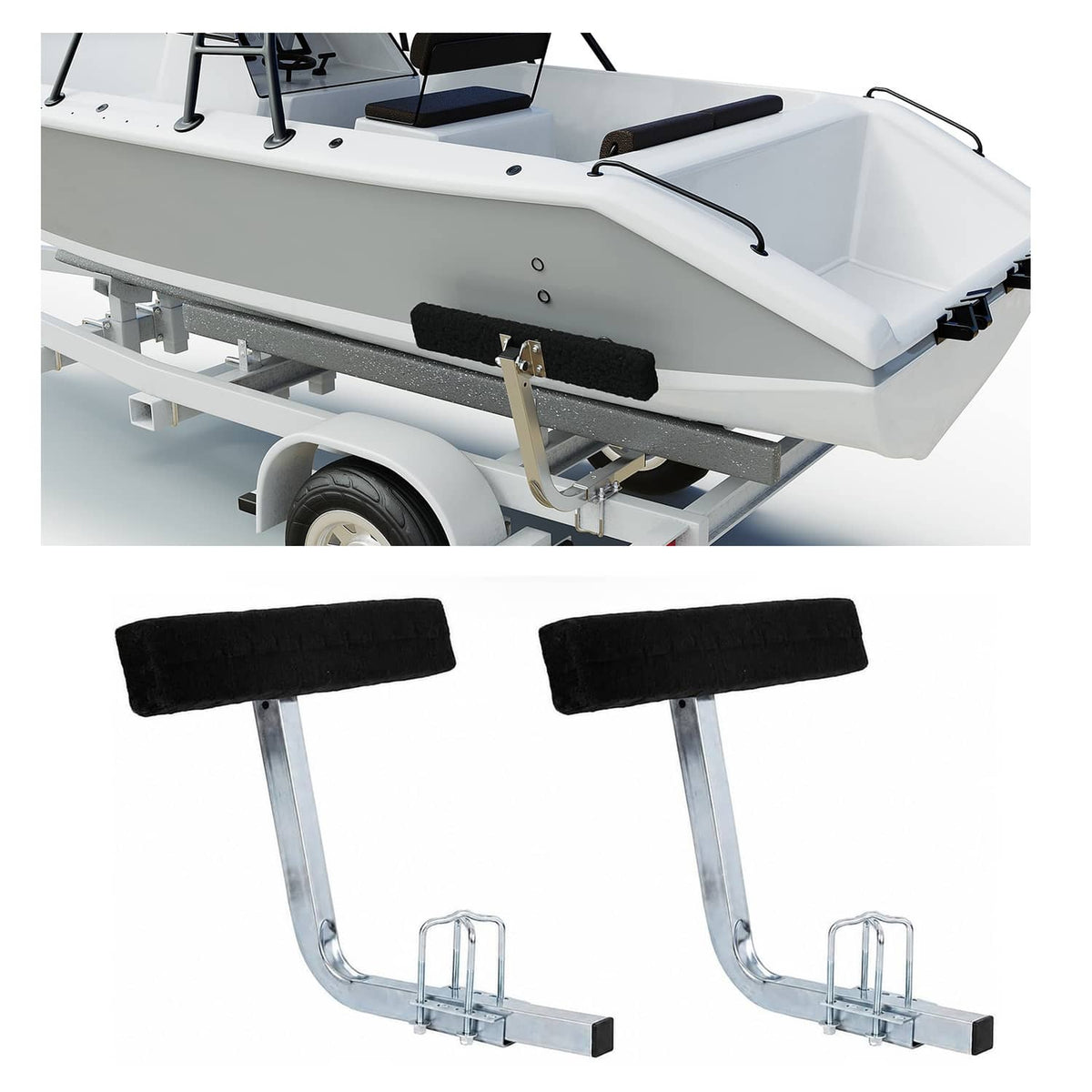 Pair of trailer guide-on bunk boards with black carpet pads and galvanized steel frames