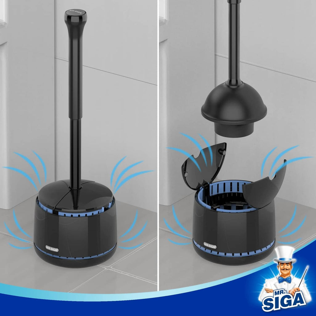Black toilet plunger with covered holder base, showing water-splash effect lines.