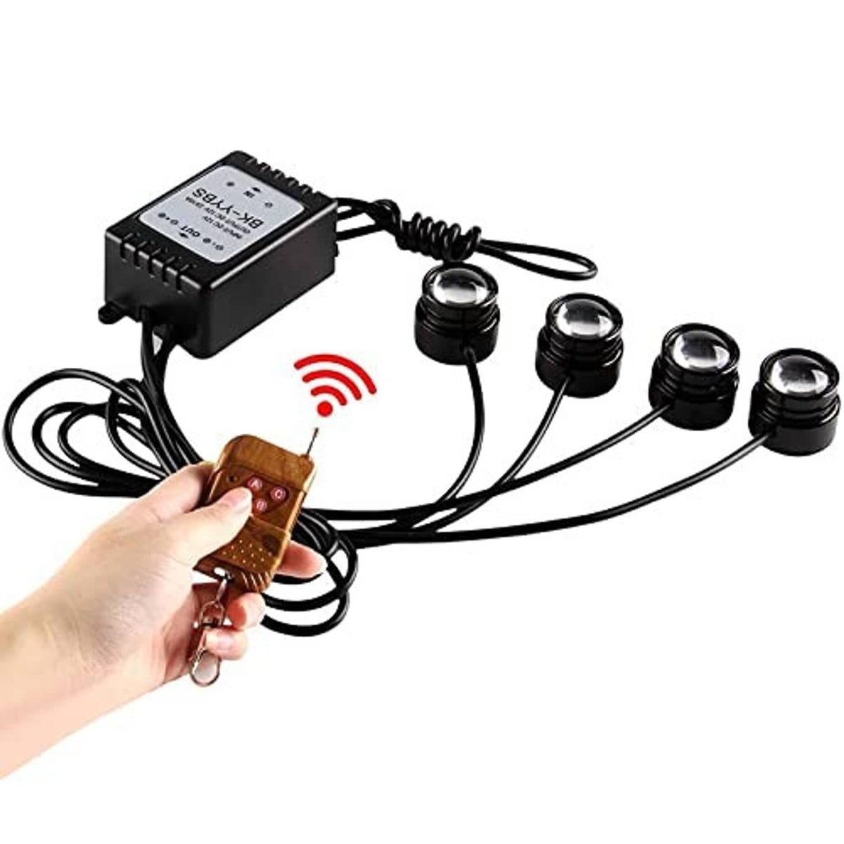 LED strobe warning light set with remote key fob and four round lamp heads