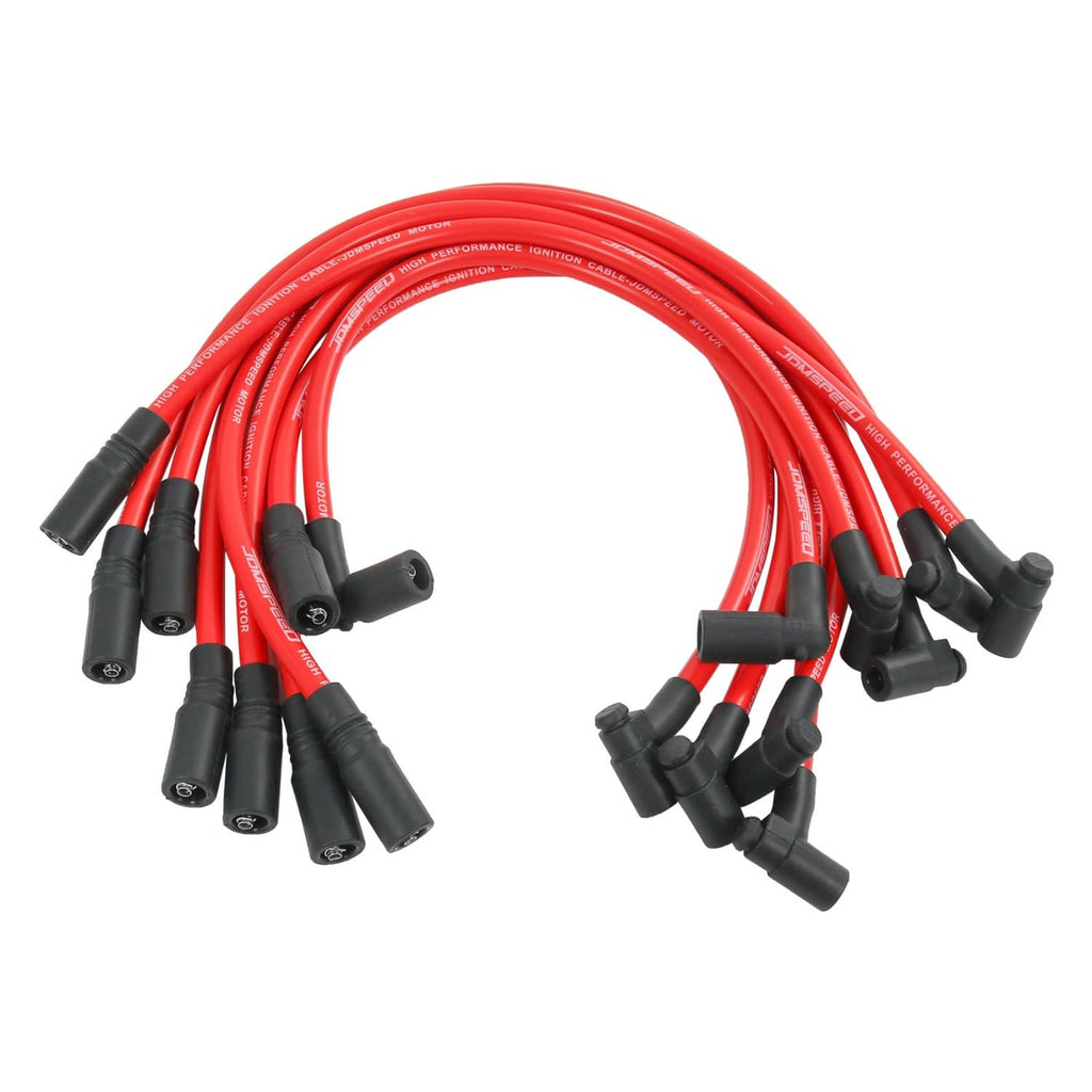 Spark plug wire set with red cables and black boots, neatly arranged
