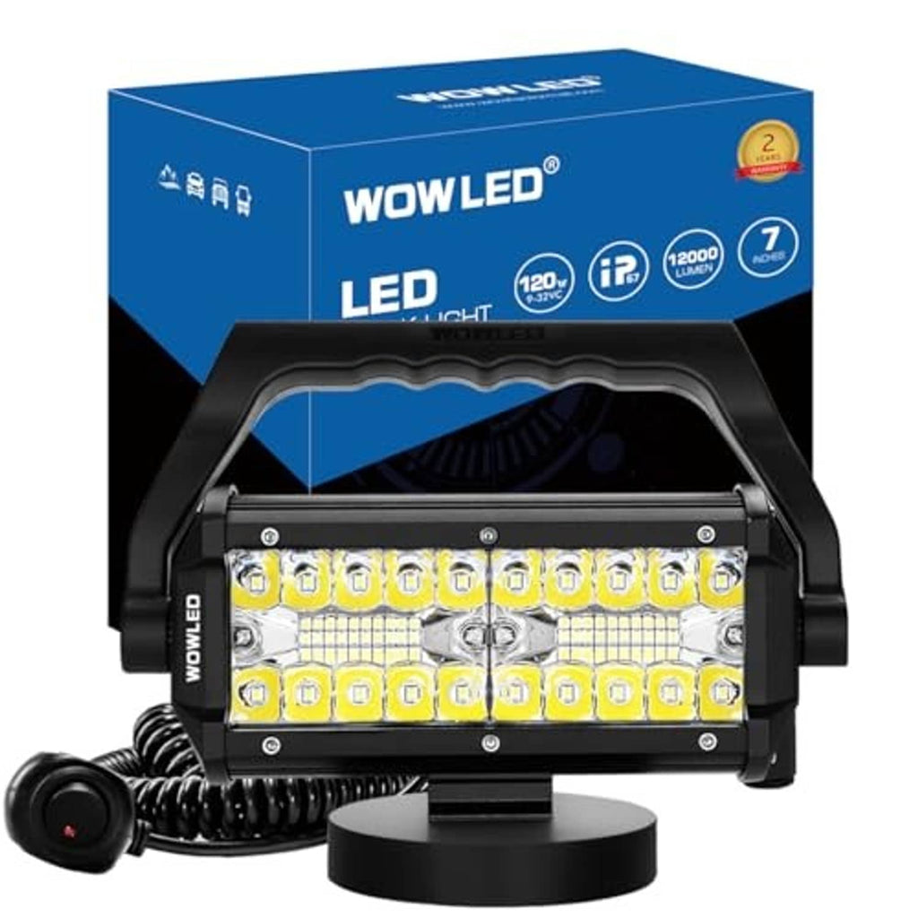 Black portable LED work light with yellow LED chips and magnetic base stand.
