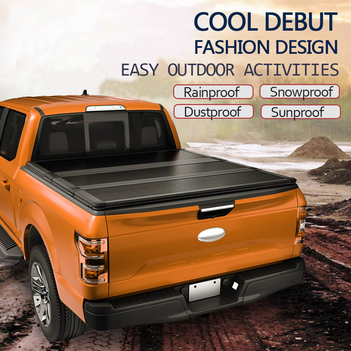 Hard tri-fold tonneau cover on orange pickup, black closed top over truck bed