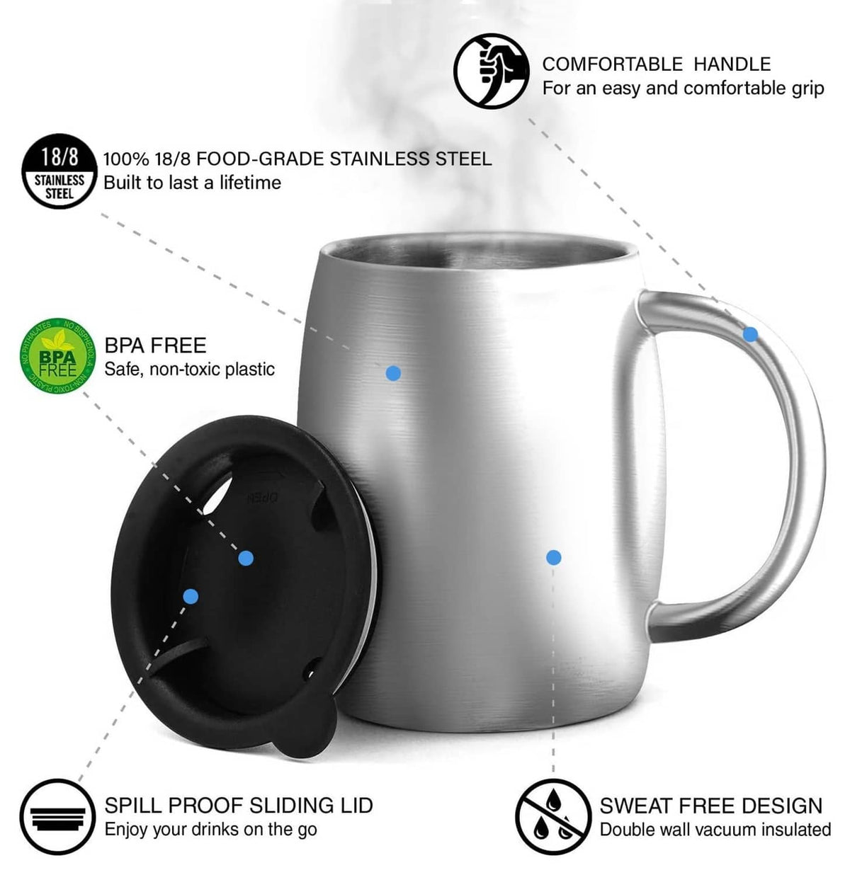 Stainless steel insulated coffee mug with comfortable handle and spill-proof sliding lid