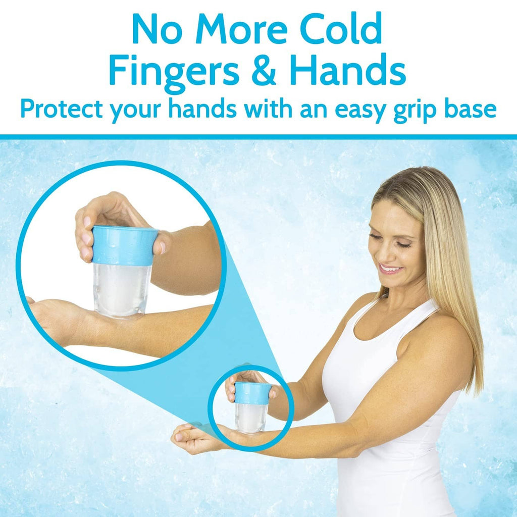 Ice cup with grip base, clear insert inside blue cup held by the hand