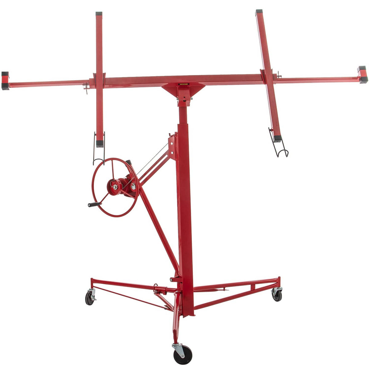 Red drywall lifter jack with winch wheel, crossbar frame, and four caster wheels