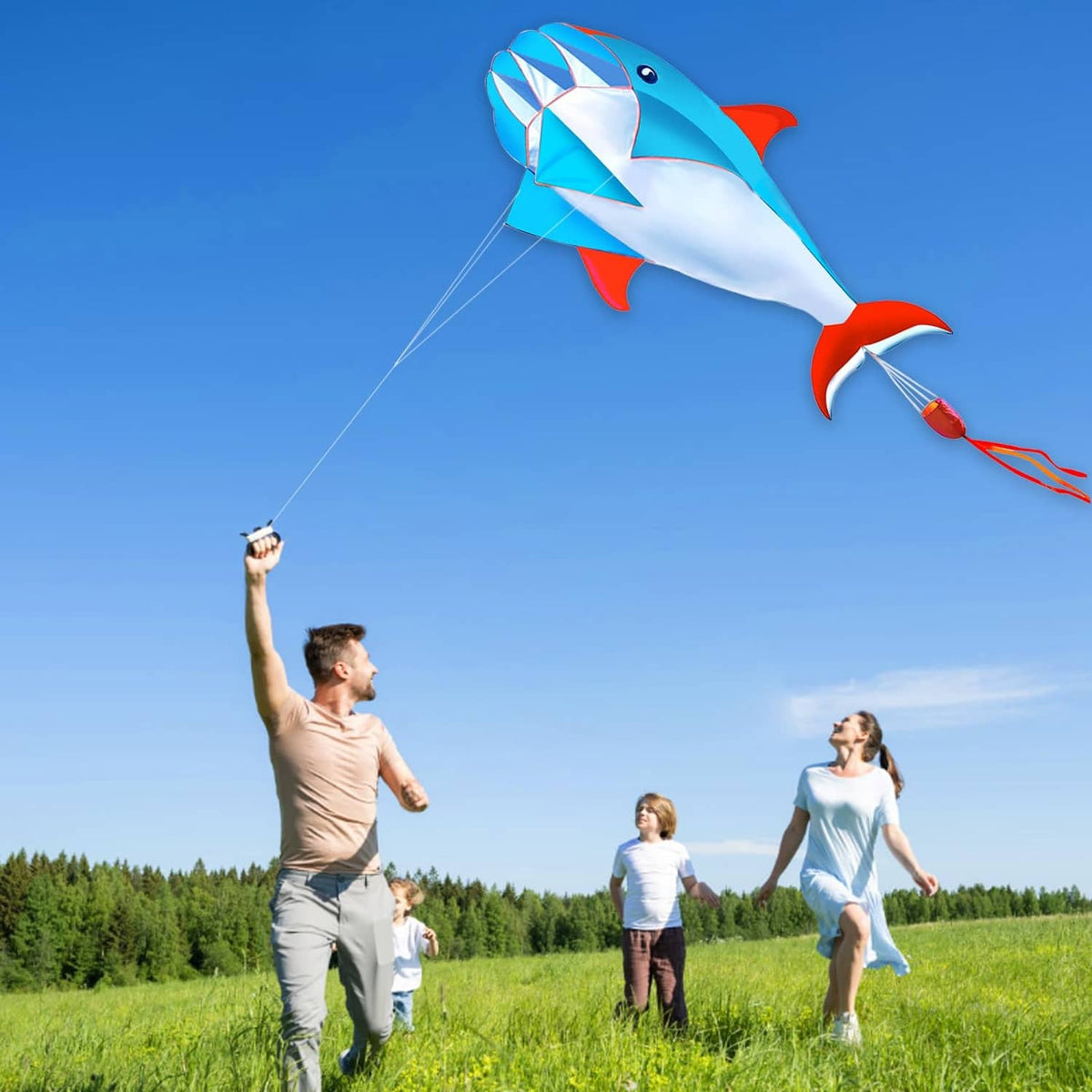 Blue 3D dolphin kite with red fins and white belly, arched flying line attached