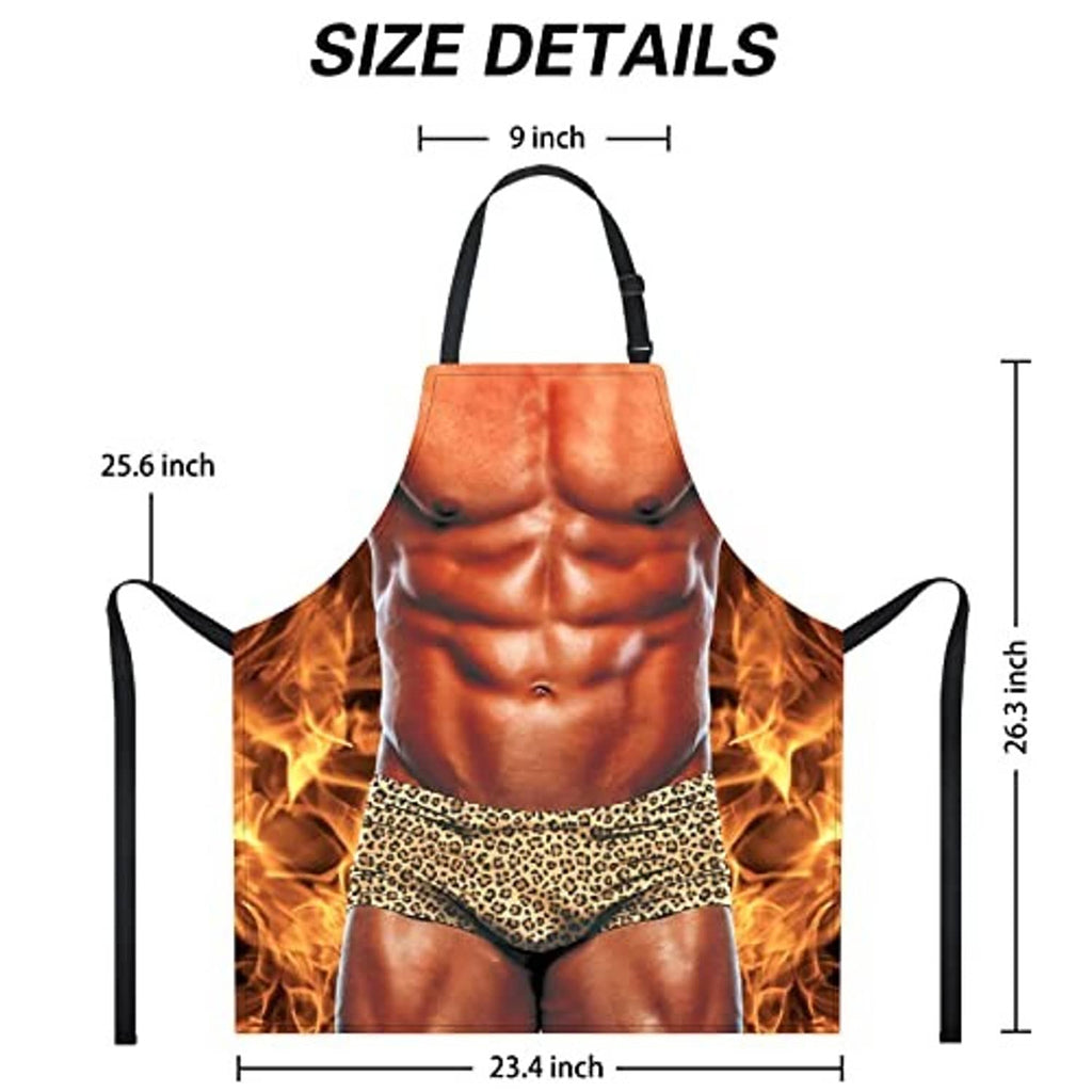 Cooking apron size details: 23.4 in wide, 25.6 in tall; adjustable 9 in neck