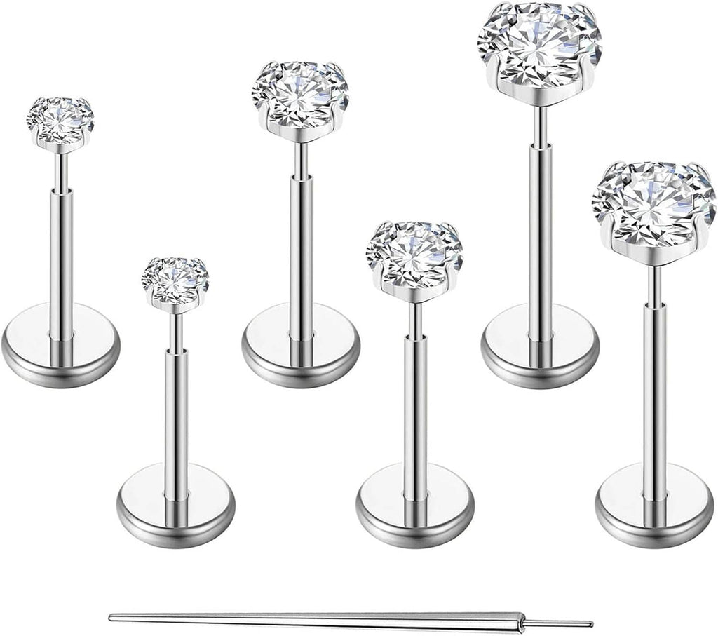 Set of silver flat-back barbell stud earrings with round CZ stones on straight posts