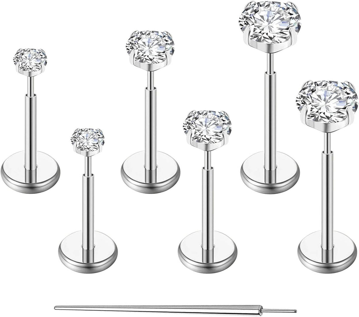 Set of silver flat-back barbell stud earrings with round CZ stones on straight posts