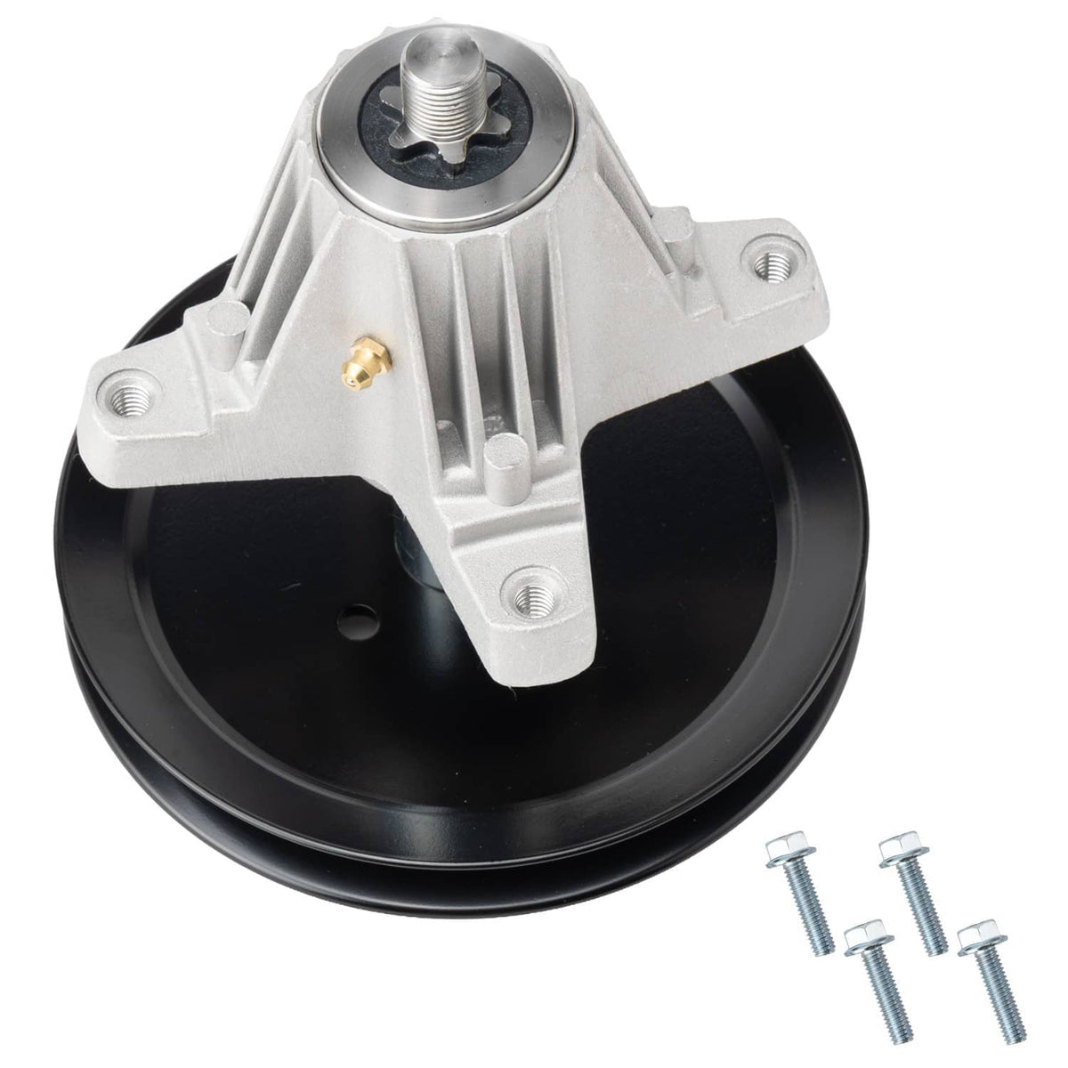 Spindle assembly with black pulley, silver housing, and included bolts on side