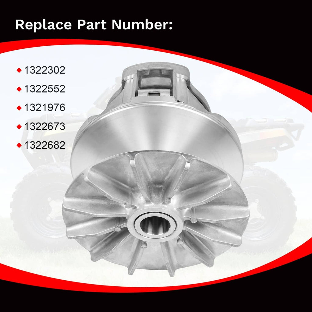 Silver primary drive clutch assembly with center bore, cooling fins, and outer ring