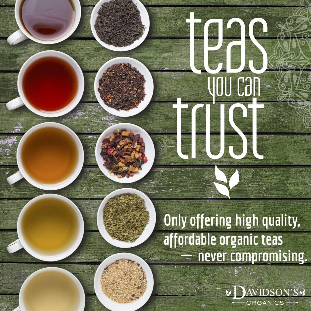 Assorted tea cups and loose leaf samples with Davidson's Organics branding text