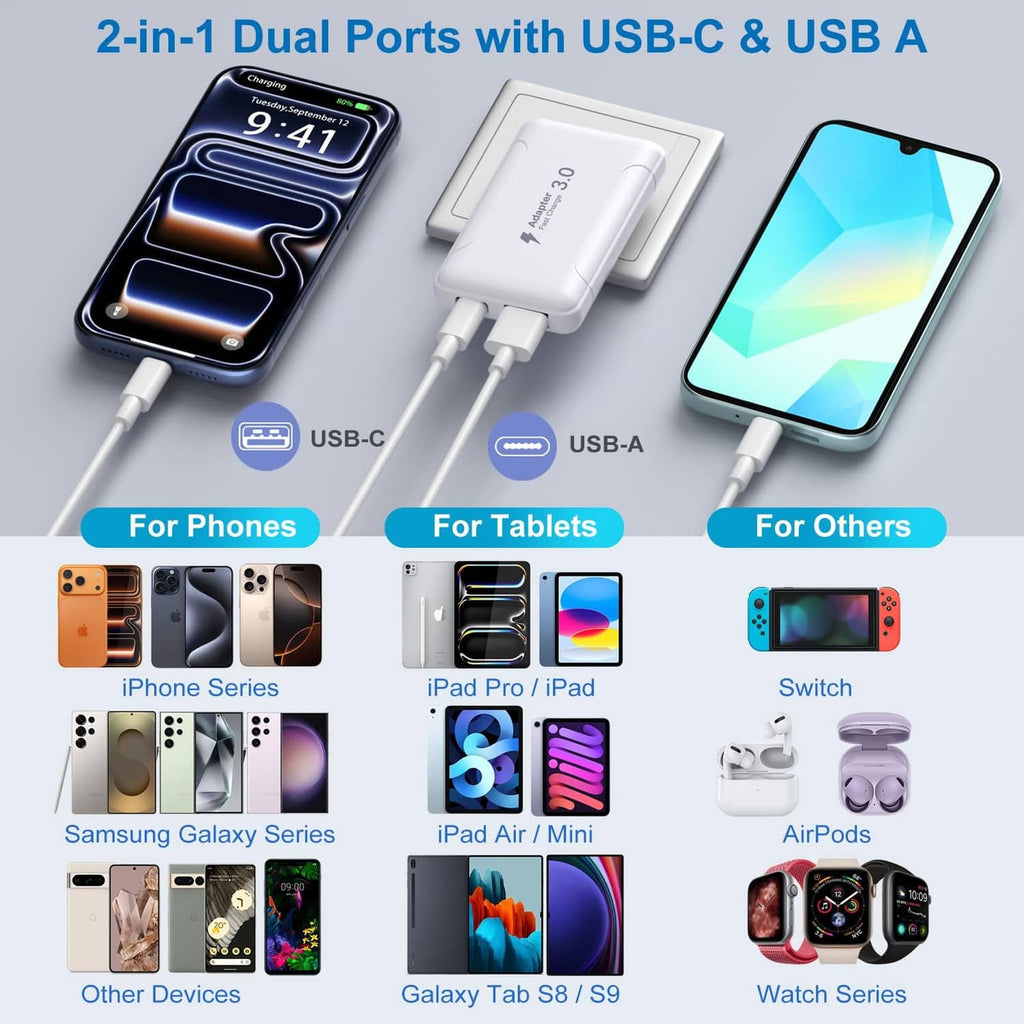 White dual-port charger with USB-C and USB-A, compact plug for devices.