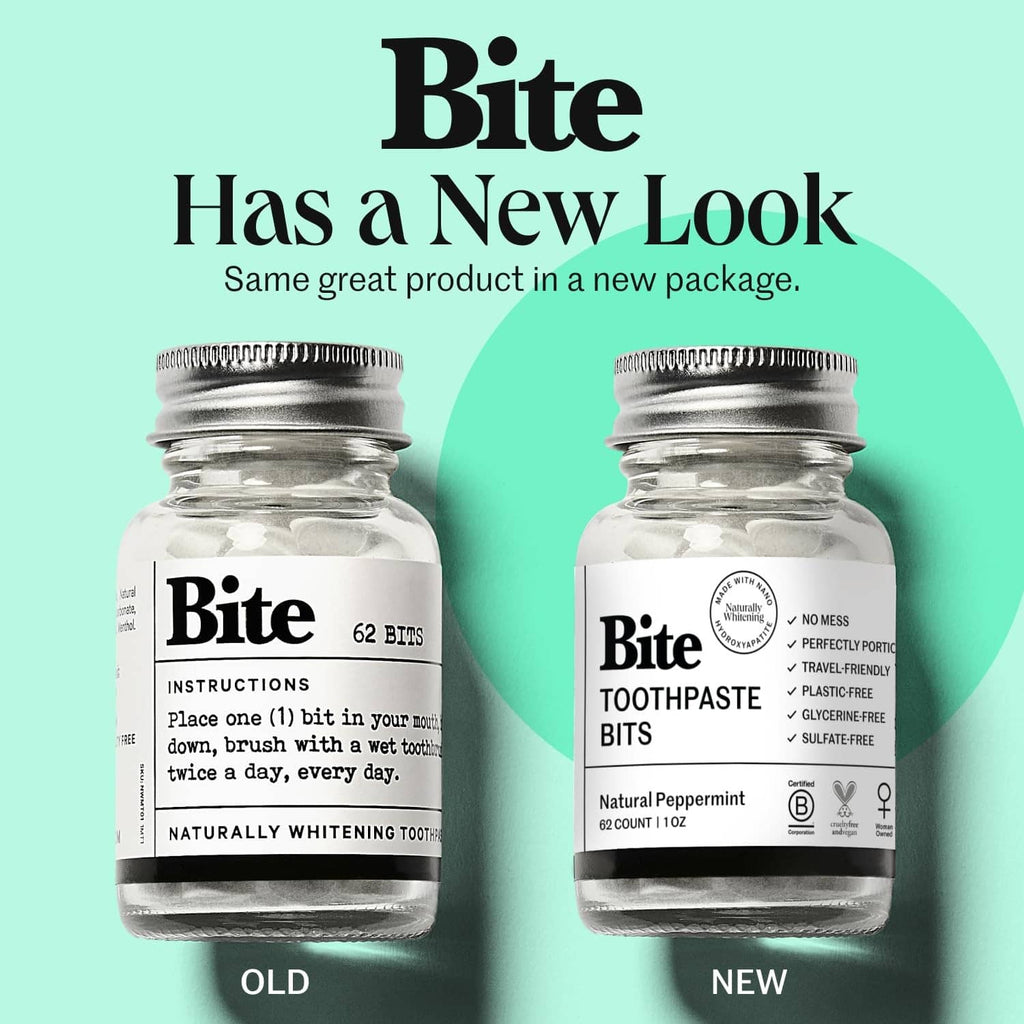 Two Bite whitening toothpaste jars showing old and new package fronts