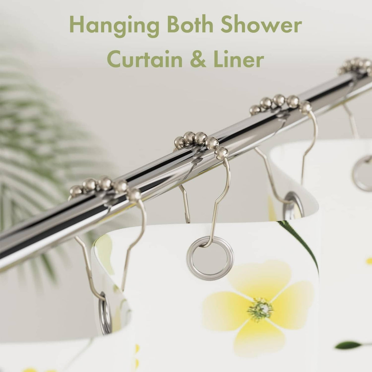 Polished nickel shower curtain hooks with bead tops hanging from a chrome rod