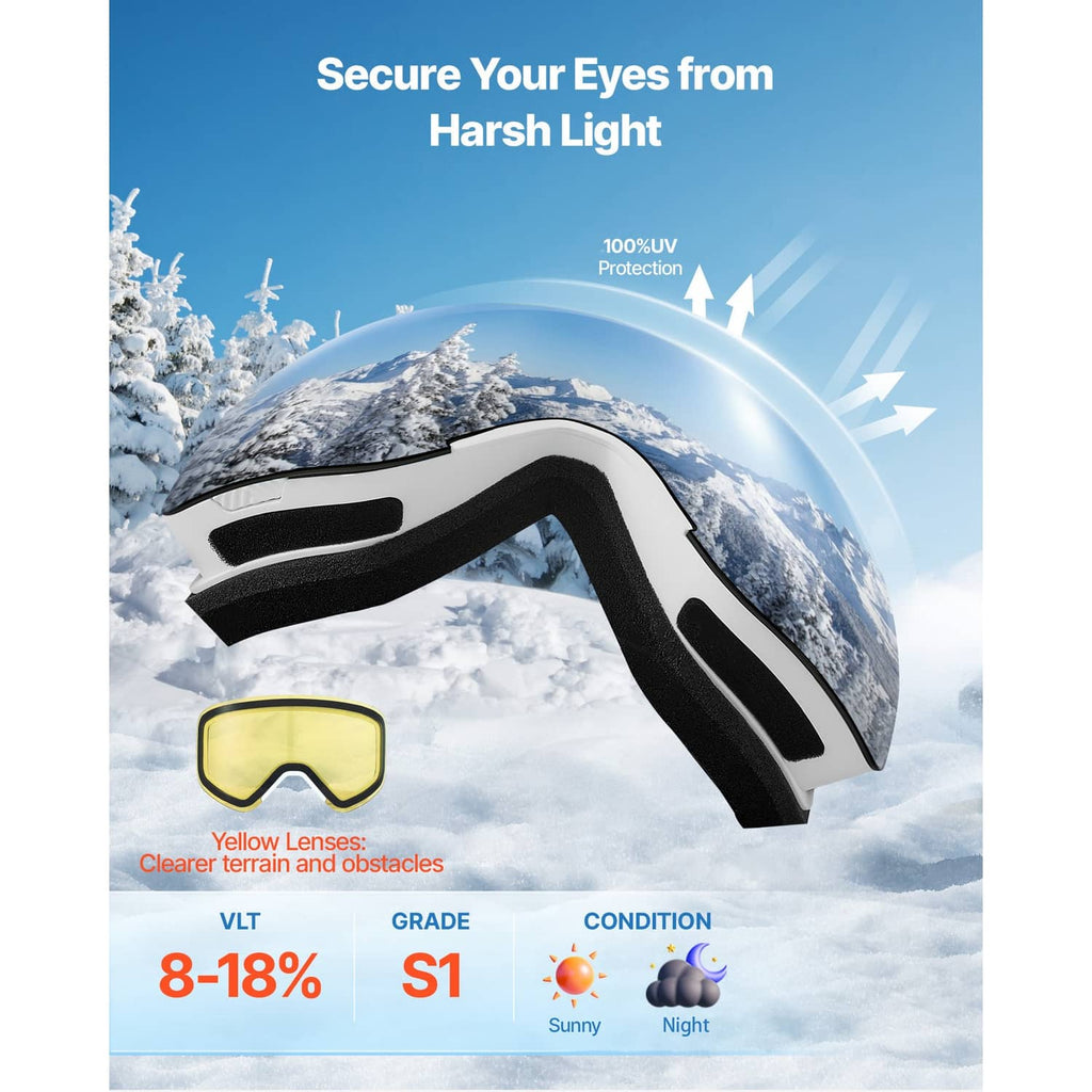 Ski goggles with black frame and yellow reflective cylindrical lens