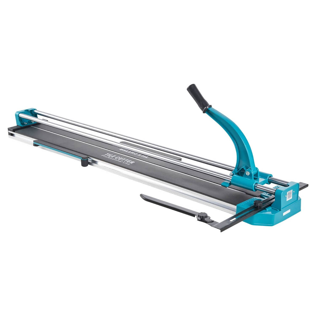 Manual tile cutter with teal frame, black base, and side handle for manual scoring