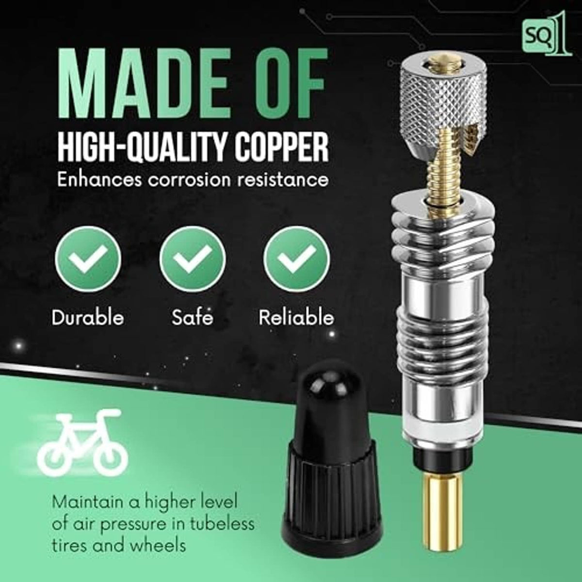 Copper-tipped Presta valve core with black cap and removal tool