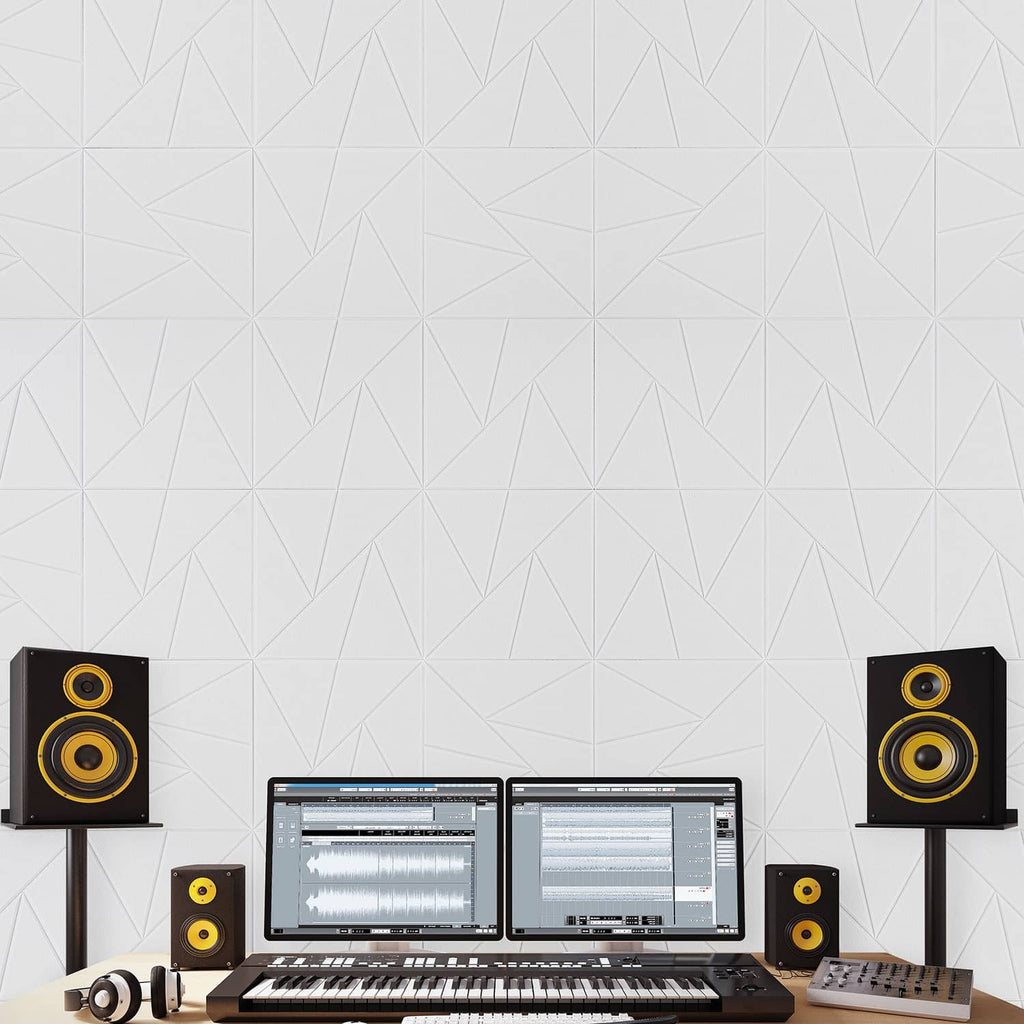 White geometric acoustic wall panels, self-adhesive square tiles on a wall