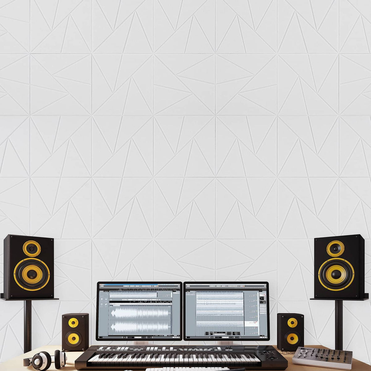 White geometric acoustic wall panels, self-adhesive square tiles on a wall