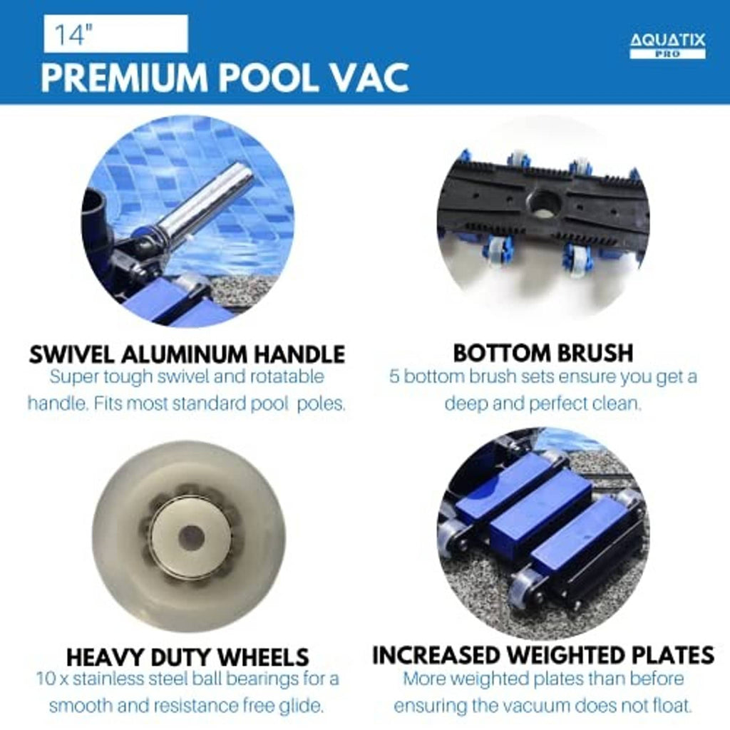 Pool vacuum head with swivel aluminum handle, bottom brush, heavy-duty wheels, weighted plates.