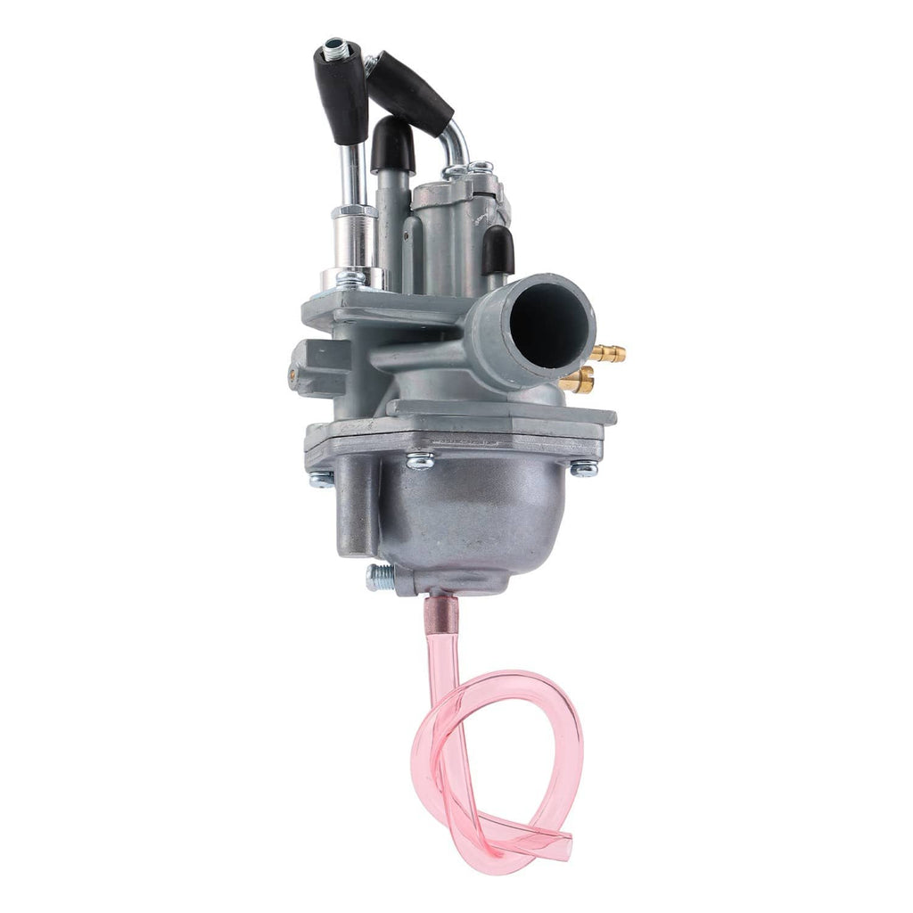 Carburetor angled view with round intake opening, black hoses, and fuel line