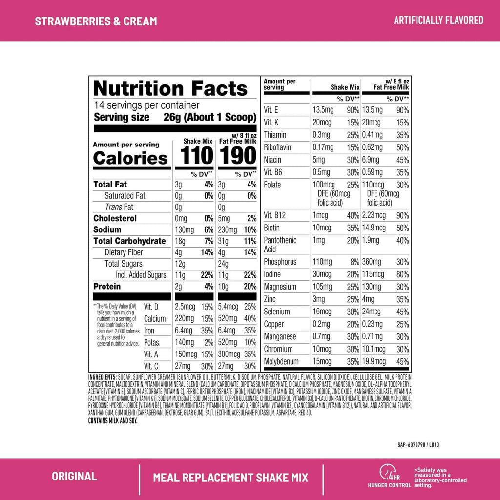 Slimfast meal replacement powder nutrition facts panel, strawberries & cream