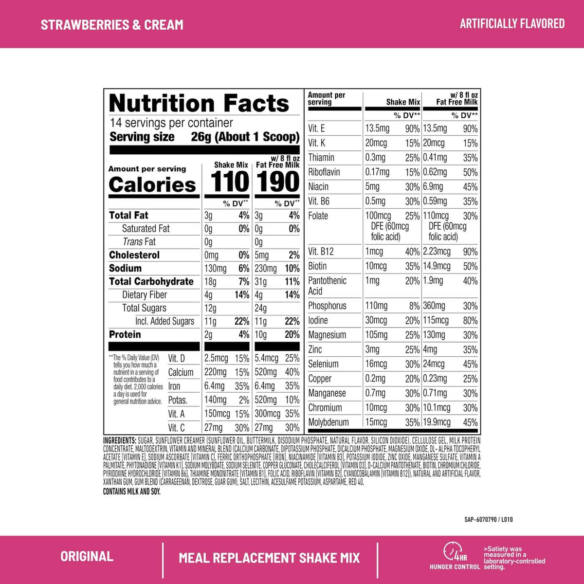 Slimfast meal replacement powder nutrition facts panel, strawberries & cream