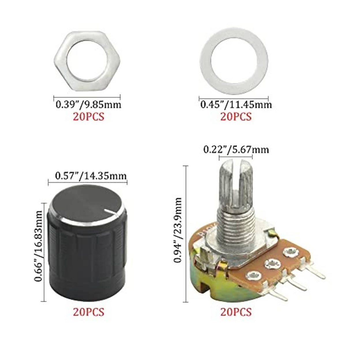 Rotary potentiometer set with black knobs and pin terminals; measurement callouts shown