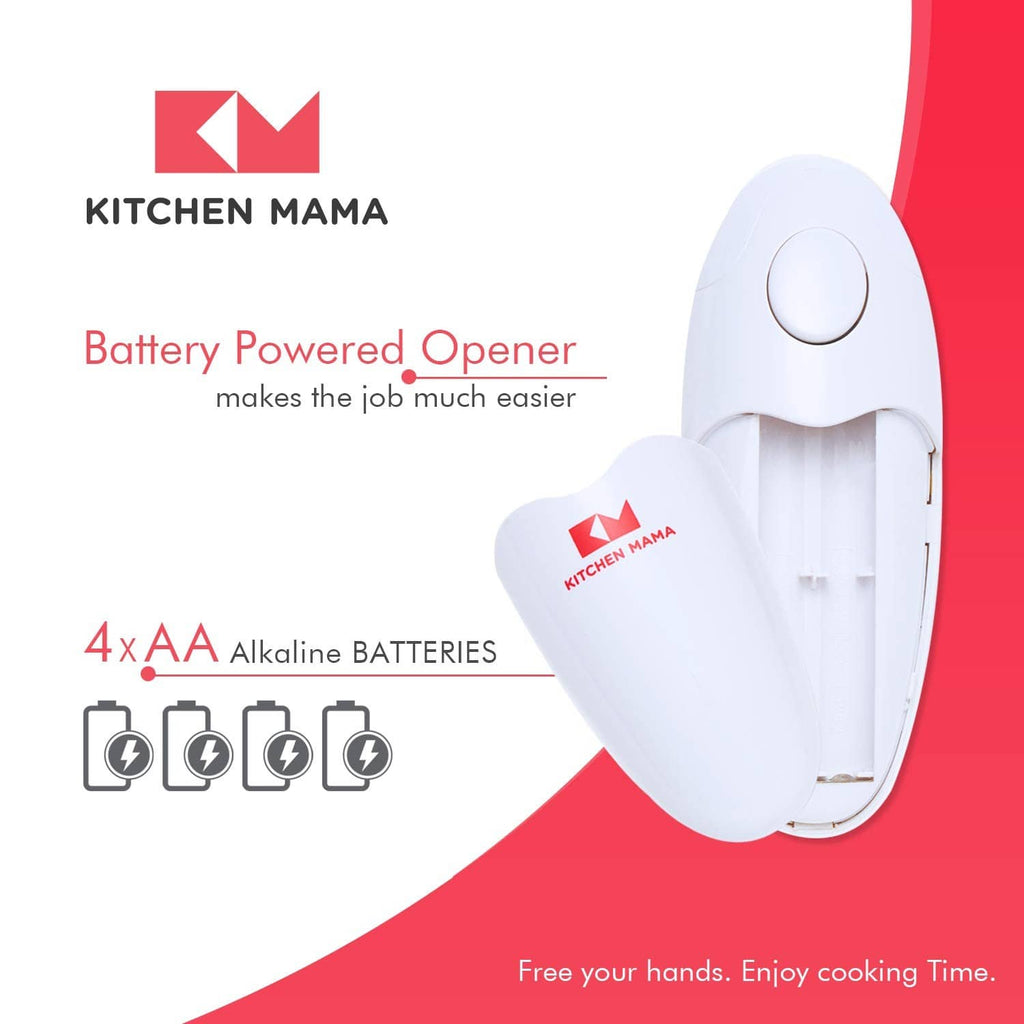 Kitchen Mama auto electric can opener, white with visible battery compartment