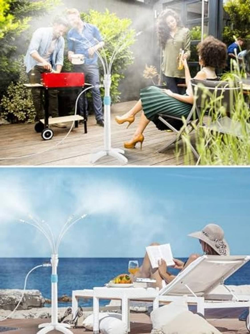 Outdoor patio misting system spraying mist over deck seating and garden plants