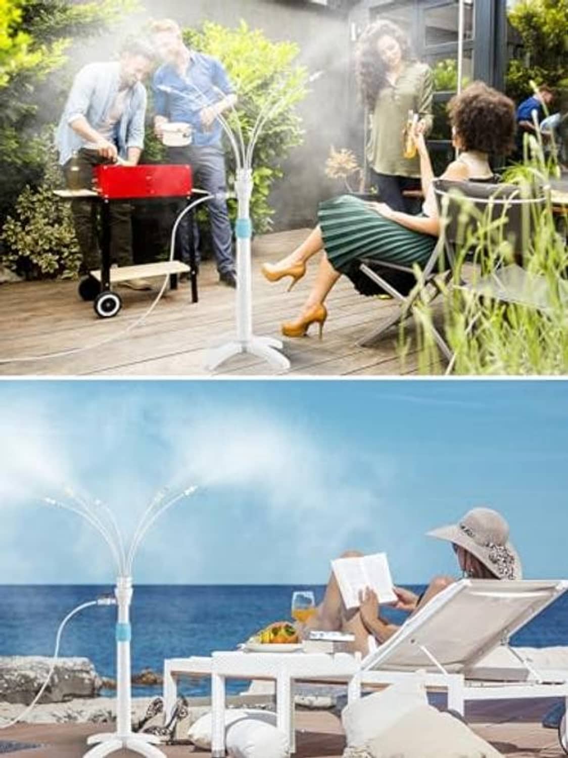 Outdoor patio misting system spraying mist over deck seating and garden plants
