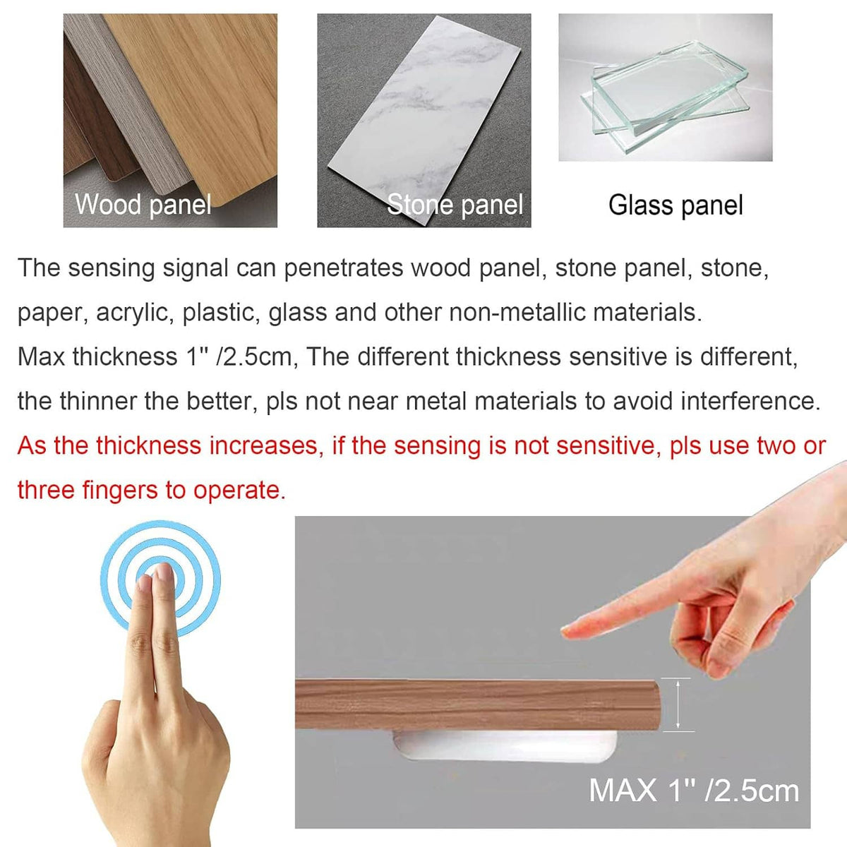 Touch dimmer sensor operates through non-metal panels; hand gesture over the switch