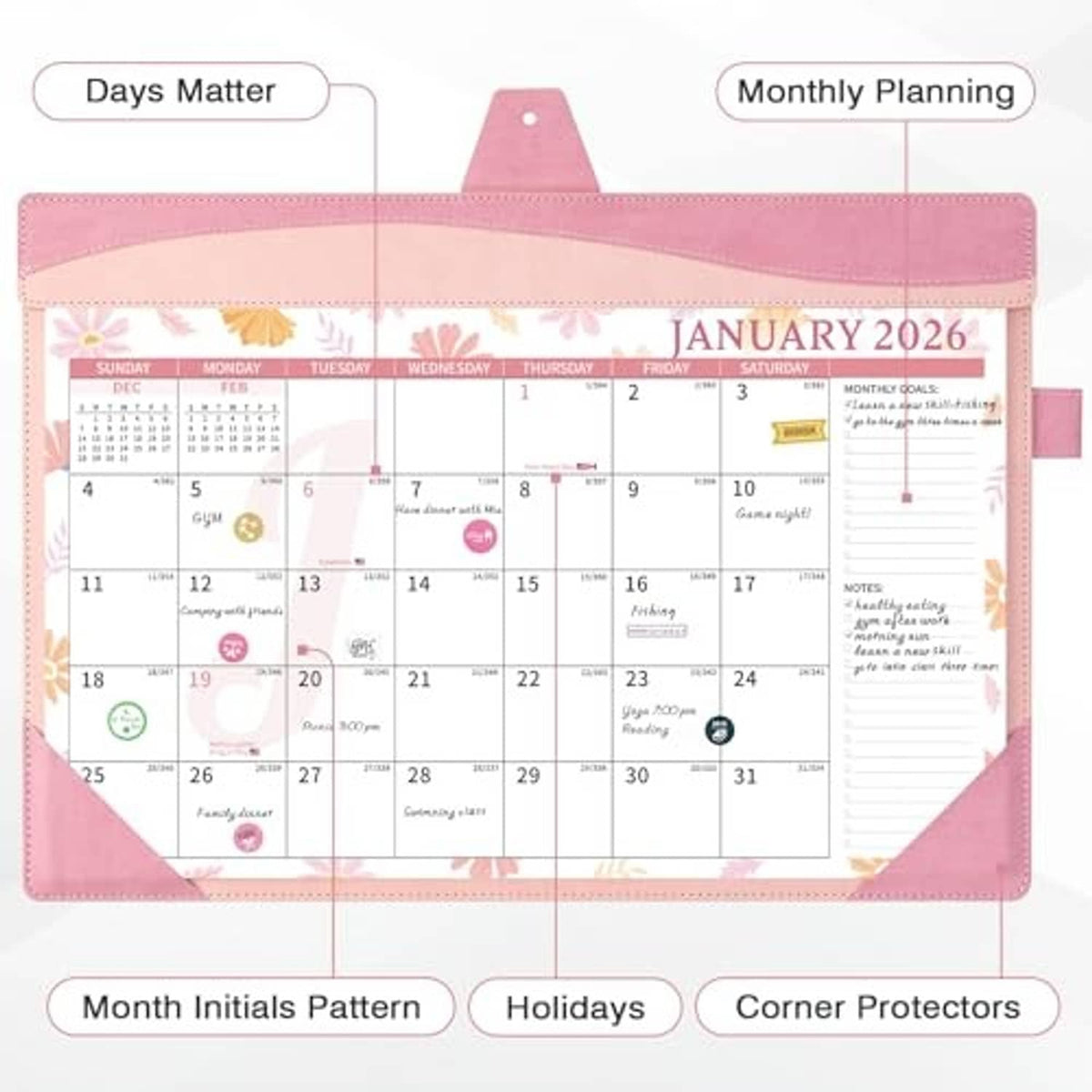 Pink leather wall calendar with floral pages, planning layout and note sections for 2026