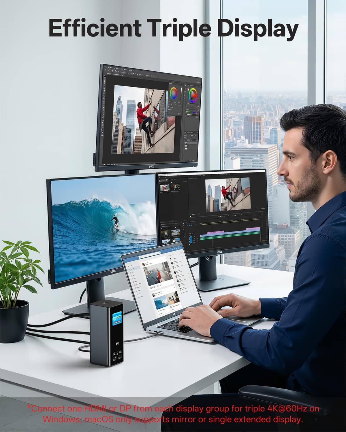 Laptop docking station under triple monitors on a desk with connected cables