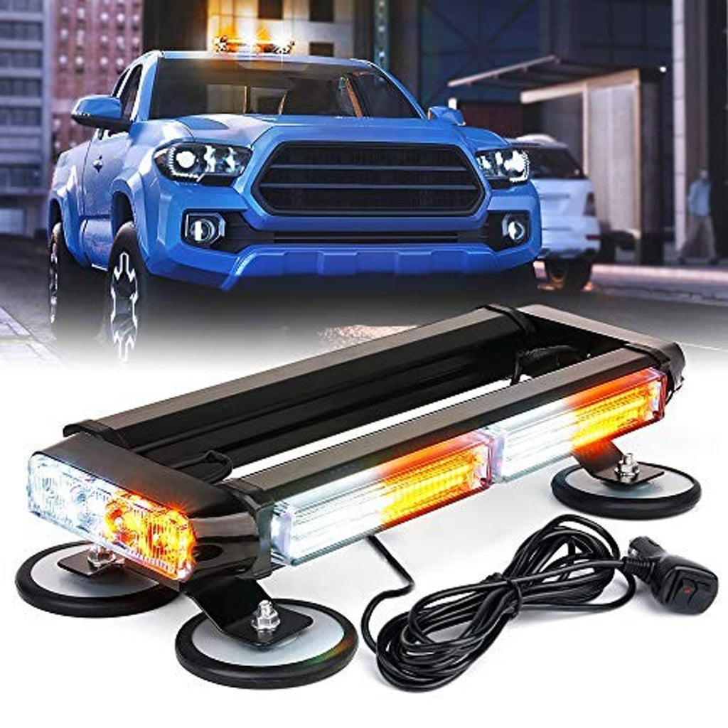 Amber and white COB LED strobe light bar with black housing, suction cups, and power cord