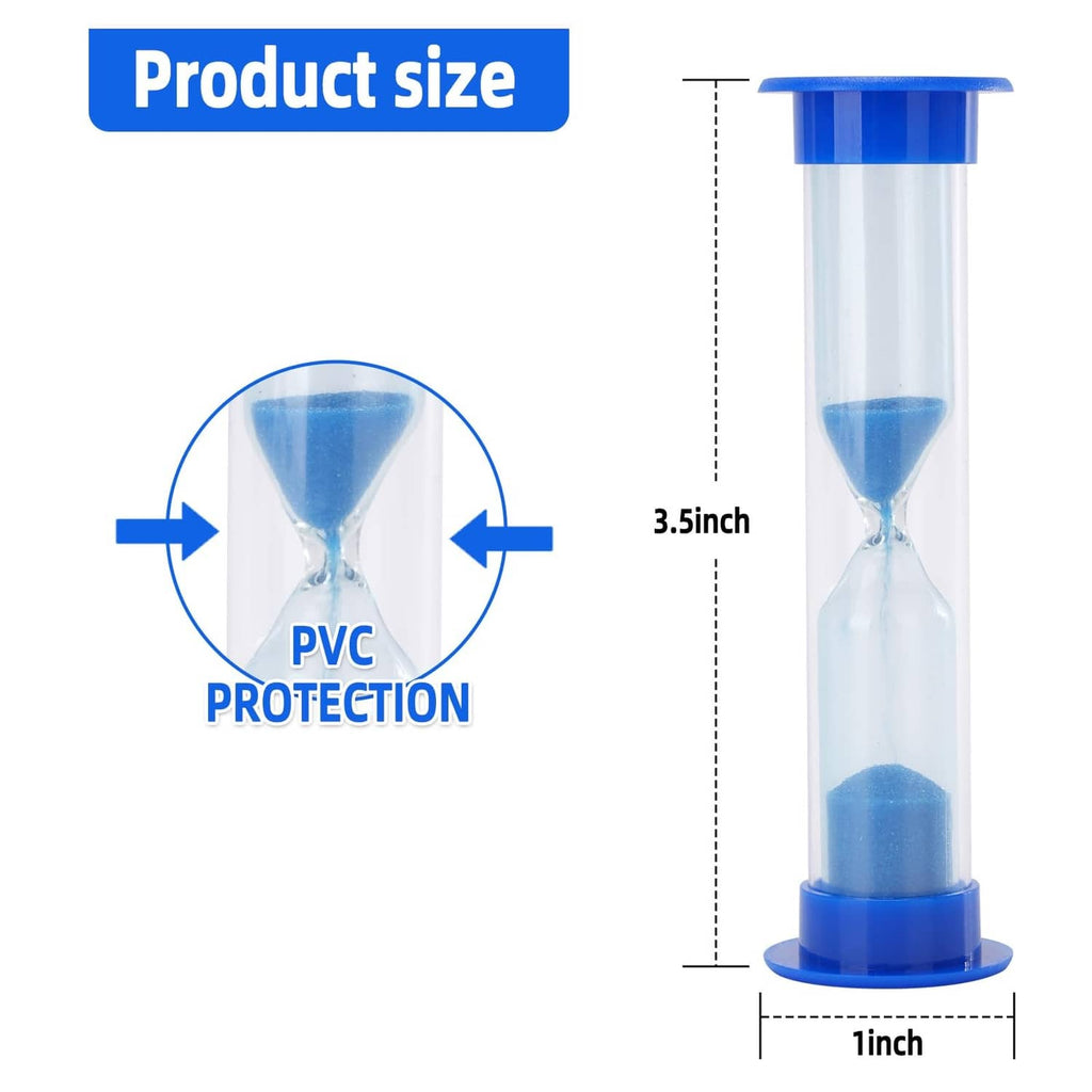 Plastic sand timer hourglass with blue top cap and 1 inch base, 3.5 inch height