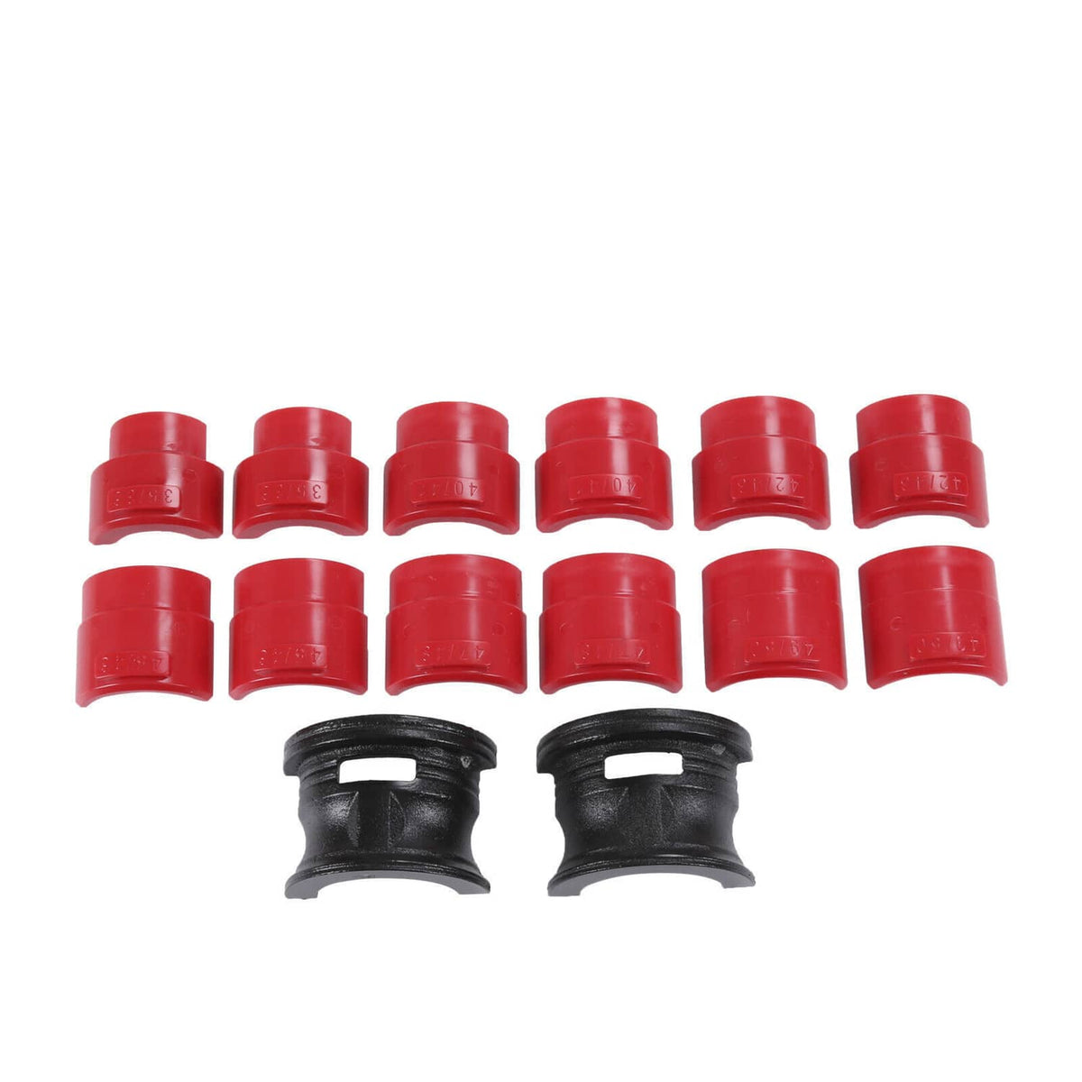 Fork seal driver kit with red plastic adapters and black driver sleeves