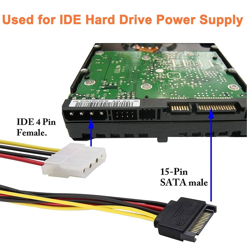 IDE-style 4-pin female and 15-pin SATA male power connectors on a cable