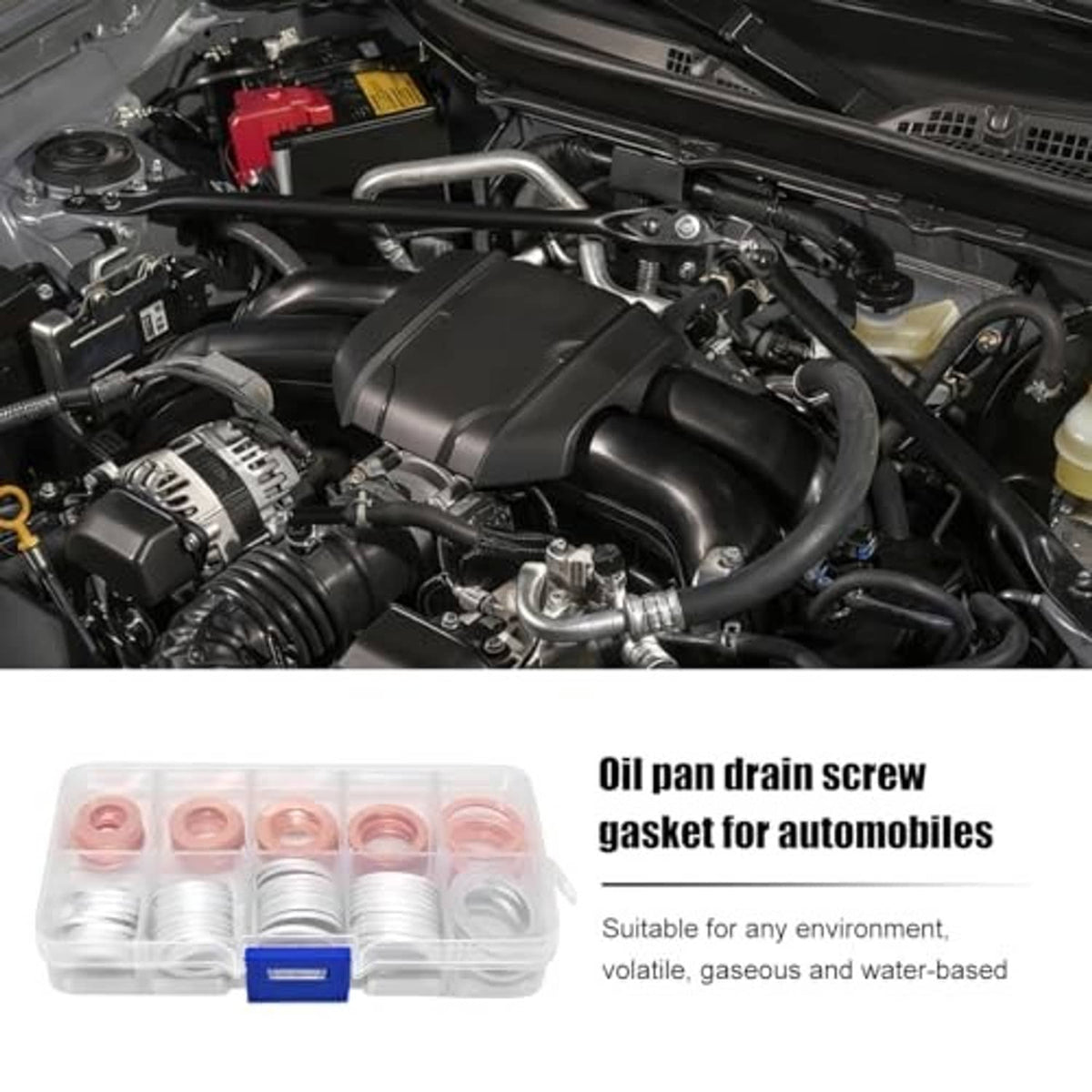 Oil drain plug washer assortment in clear case shown alongside engine compartment