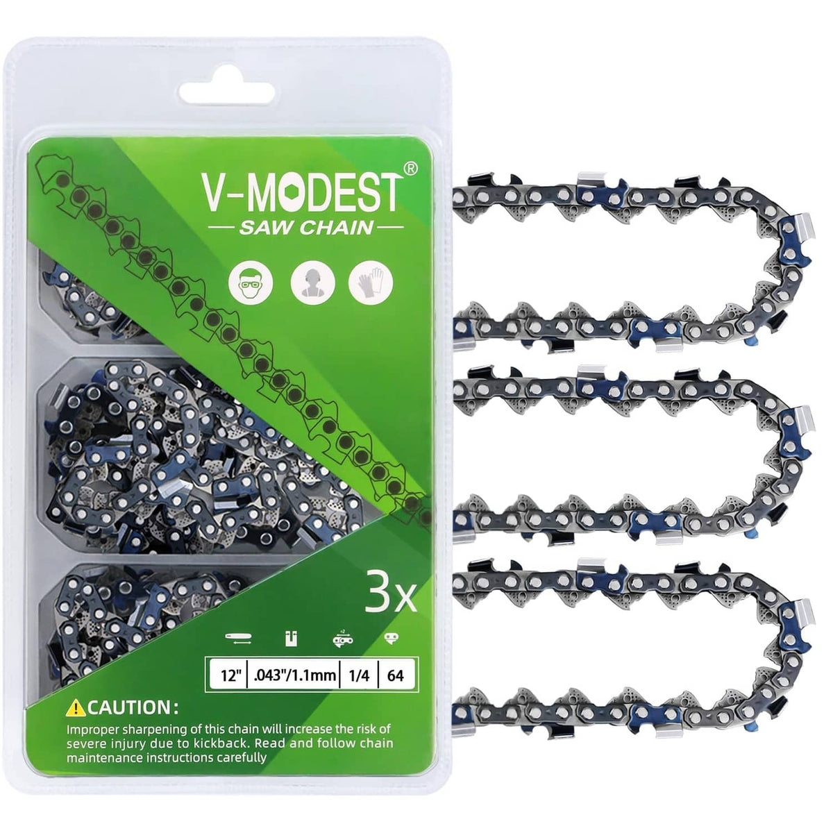 V-MODEST replacement saw chain 3-pack in blister, black and silver links on board