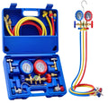 3-way AC manifold gauge set in blue case with two pressure gauges and colored hoses