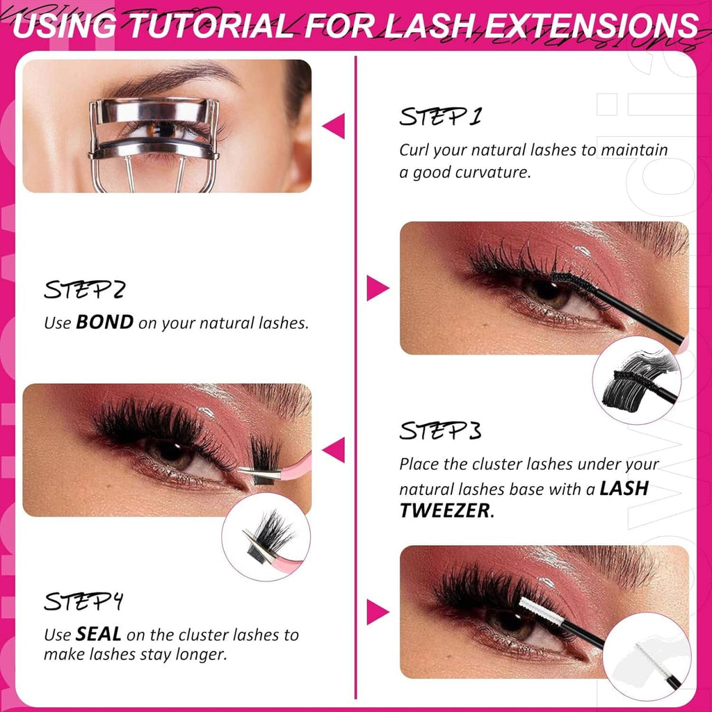 DIY lash extension tutorial showing curler, bond, and cluster lash placement steps